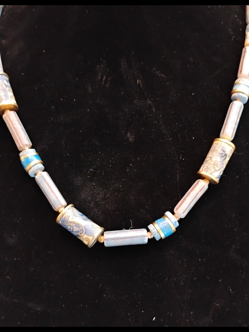 Fantastic Blue and Gold Cylindrical Bead Necklace - Vintage Vibe.
